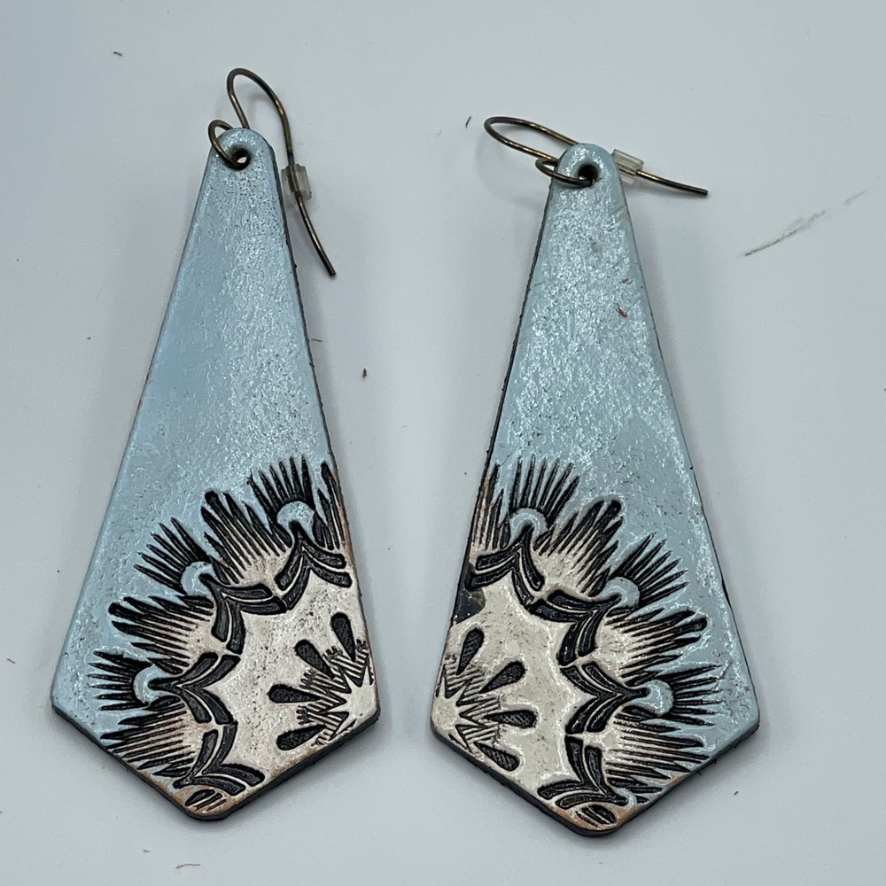 Stamped Blue Leather Earrings